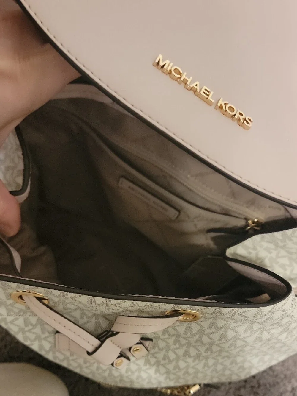 Michael Kors Cream MK Logo Backpack with Soft Pink Trim